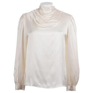 VINTAGE Lloyd Williams Blouse Size 8 Ivory Silk Long Sleeve Pleated Drape Neck